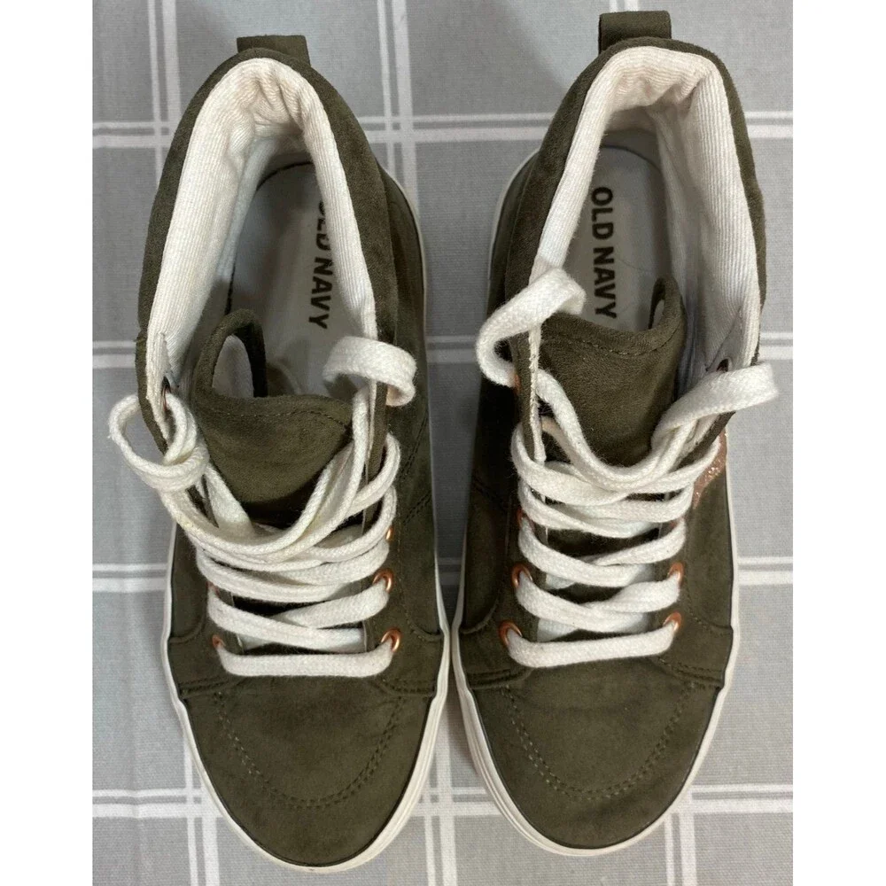 Girls Sz 12 Old Navy Olive & Rose Gold Sparkle & Eyelets Lace up Sneakers Shoes